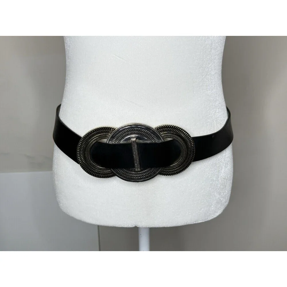 Chico's M/L Black Leather Medallion Art Wear Belt Silver Bronze Adjustable Boho
